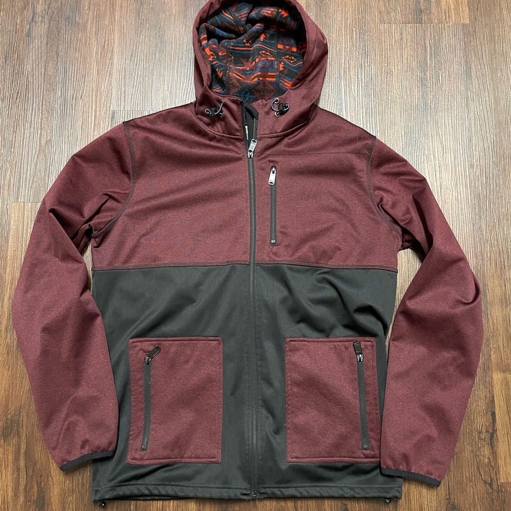 Dravus Men's Burgundy Full Zip Hooded Jacket Fleeced Lined With Aztec Print
